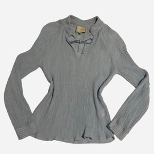 Zen Blue long sleeve‎ v-neck blouse with tie detail. Old money and quiet luxury